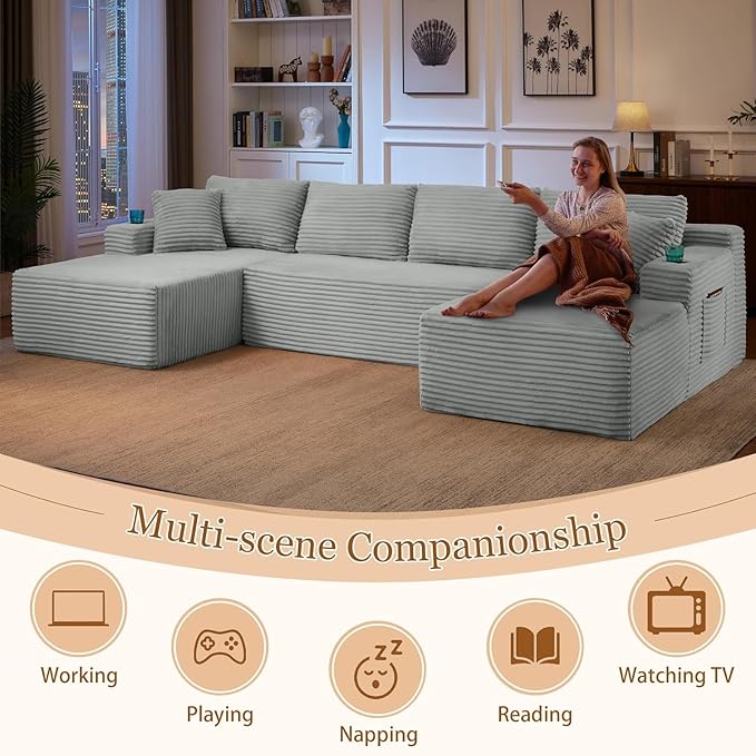 Modular Sectional Couch Modern Cloud Sectional Sofa U Shaped Boneless Couch with Double Chaise Comfy Deep Seat Upholstered Sofas Couches for Living Room No Assembly (134 Light Grey)