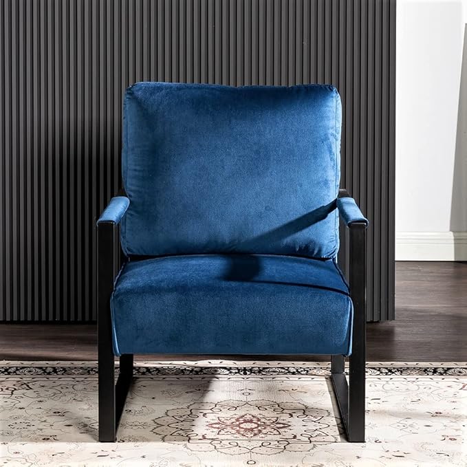 Classic Mid Century Modern Accent Chair with Square Metal e Armchair for Living Room Bedroom Home Office in Plush Velvet Upholstery Blue