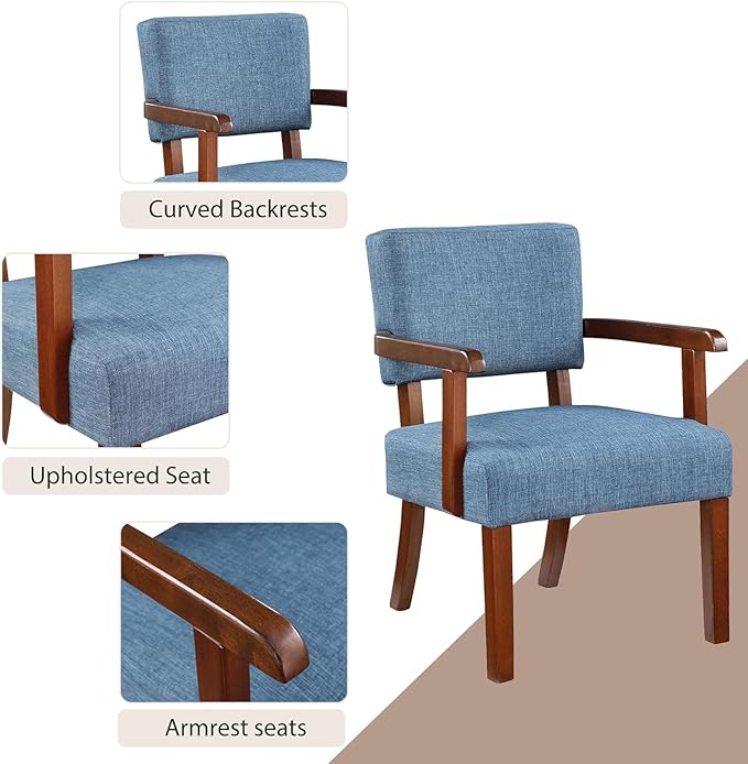 HMFULE 24.25'' Mid Century Accent Chair Set of 2 with Round Wood Table Modern Fabric Arm Chair for Living Room Bedroom Reading Room(Blue)