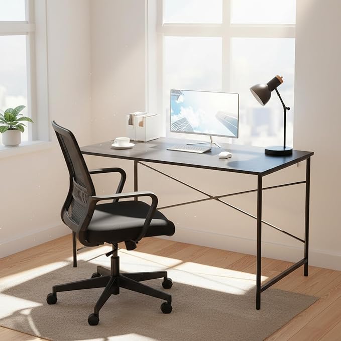 Modern Computer Desk with Light Wood Top 47.2 x 23.6 Writing Table Black Metal Frame with Cross Brace Minimalist Home Office Desk for Study or Workstation