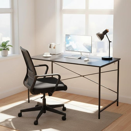 Modern Computer Desk with Light Wood Top 47.2 x 23.6 Writing Table Black Metal Frame with Cross Brace Minimalist Home Office Desk for Study or Workstation