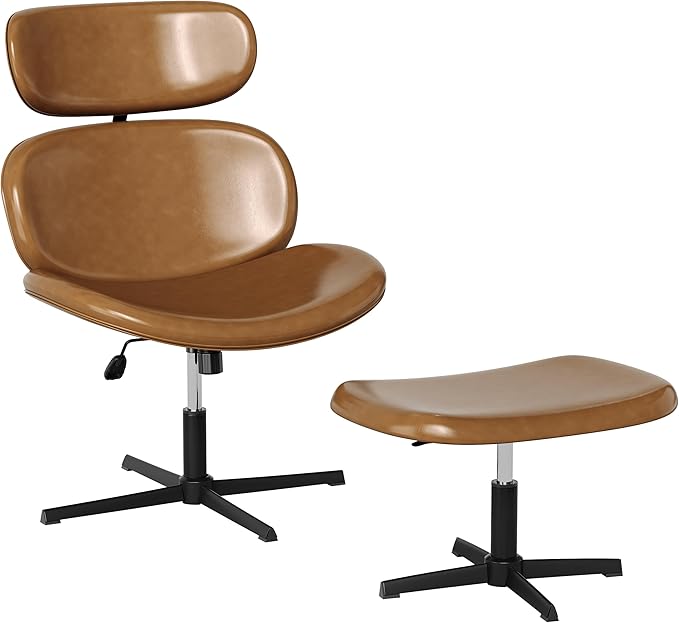 Bestier Swivel Modern Chair with Ottoman No Wheels PU Criss Cross Reading Chair with Extended Headrest &amp Adjustable Seat Modern Armless Ergonomic Chair for Living Room Brown