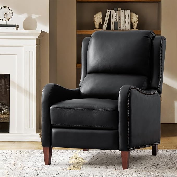 HULALA HOME Genuine Leather Recliner Chair Modern Push Back Recliner Armchair with Thick Seat Backrest &amp Footrest Nailhead Decor for Living Room Bedroom Black