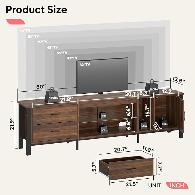 Bestier TV Stand for 75/80/85 inch TV LED Gaming Entertainment Center Modern TV Cabinet with Glass Shelves for Living Room Media Console with 2 Storage Drawers &amp Cabinets for Bedroom Walnut