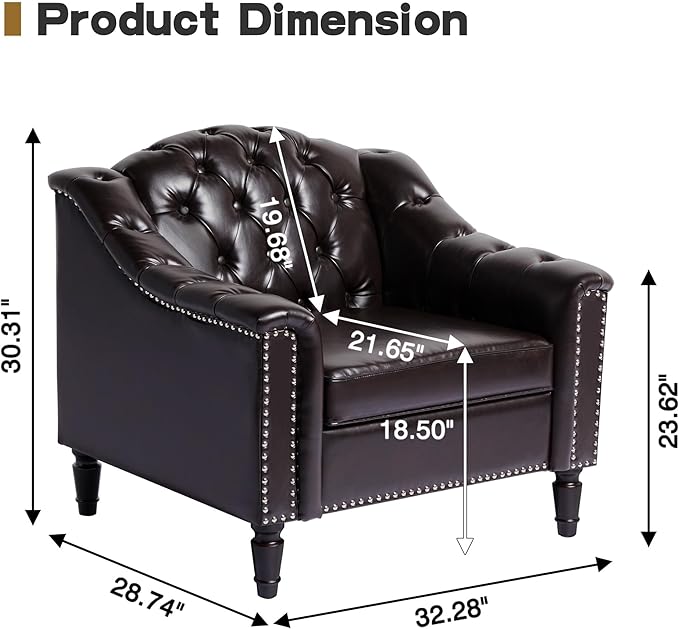 AVZEAR Chesterfield Sofa Chair Mid-Century Modern Armchair PU Fabric Single Sofa Chair with Nailhead Trim and Button Tufted for Living Room Office Bedroom Brown