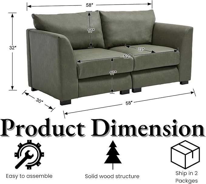 EALSON 58 Loveseat Modular Sectional Sofa Couch Modern Faux Leather Love Seat Couch with Removable Cover Comfy 2 Seater Sofa for Living Room Small Space Green