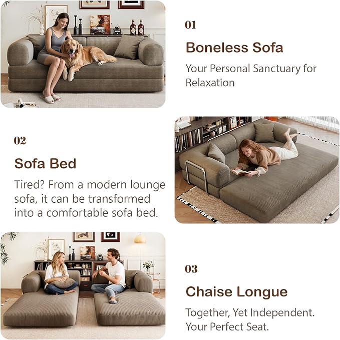 78.8 Modern Convertible Floor Sleeper Sofa Bed Corduroy Modular Boneless Couch with Silver Fixed-Shape Frame No Assembly Futon Cloud Loveseat with Pull-Out Bed for Living Room (Camel)