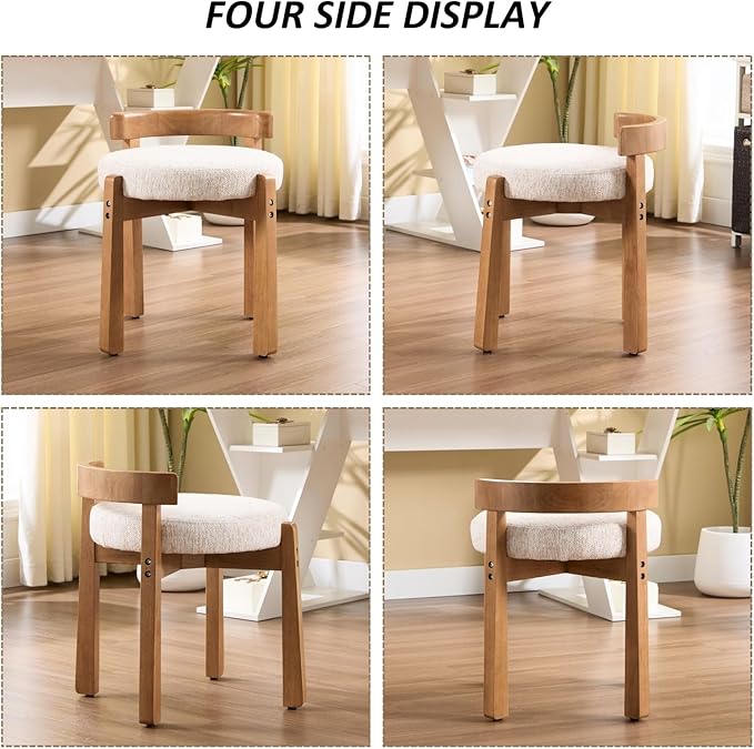 HEAH-YO Wood Vanity Chair with Back Chenille Upholstered Small Ottoman Footstool Mid-Century Modern Makeup Chair with Solid Wood Legs for Makeup Room Bedroom Living Room Beige