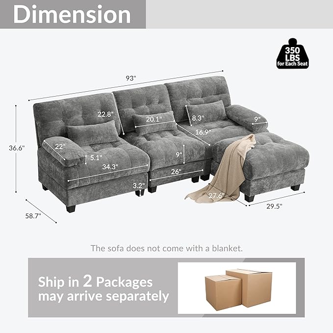 93 3+1 Seater Sofa with Ottoman - 4-Position Adjustable Backrest 350lb/Seat Soft Chenille Fabric 3 Throw Pillows Easy Assembly (Gray)