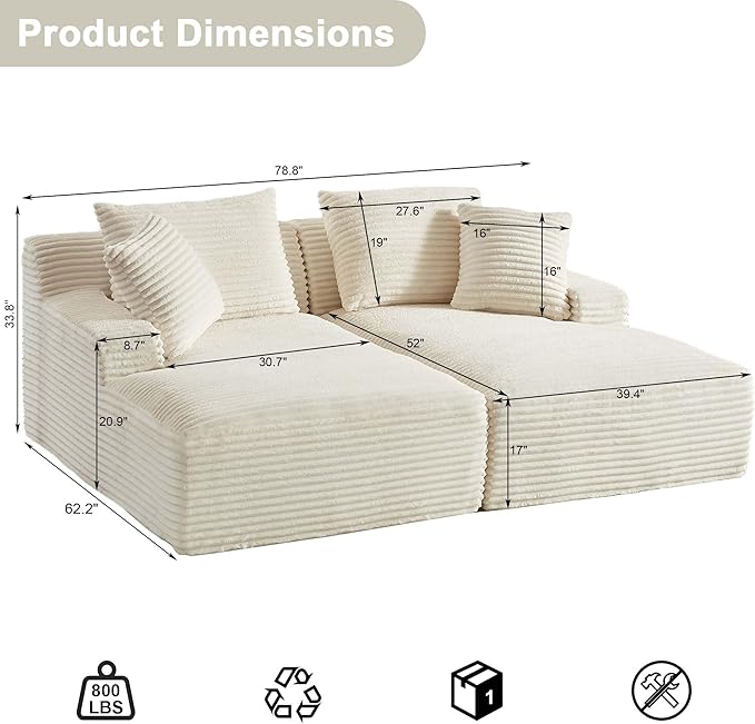 78” Oversized Double Chaise Lounge Indoor Corduroy Sleeper Sectional Couch Upholstered Boneless Cloud Sofa Deep Seat Comfy Plush Chair Bed for Living Room