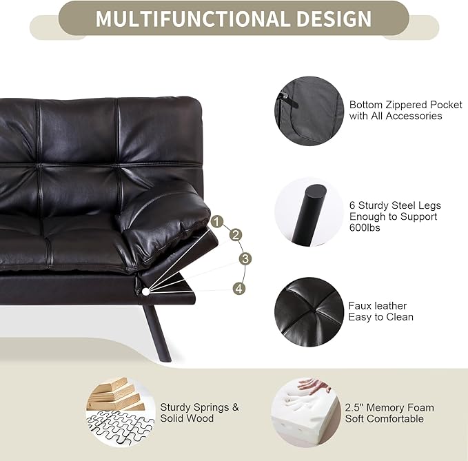 MUUEGM 71 Futon Couch Filled with Memory Foam Convertible Futon Sofa Bed with Adjustable Backrest Armrest Folding for Living Room Small Space Loveseat for Sleeper(Leather Black)