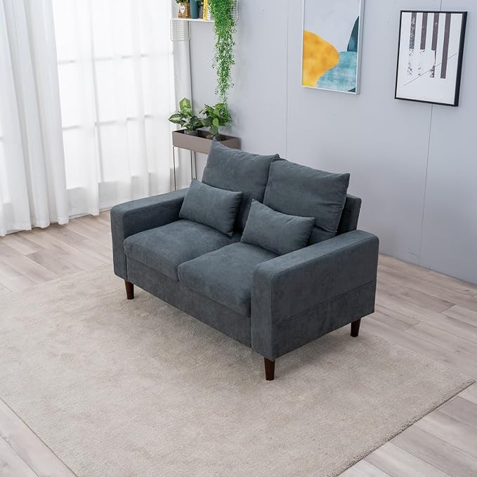 Panana Upholstered Modern Loveseat Sofa Couch for Living Room Fabric Love Seat w/ 2 Pillows and Wooden Legs 2 Seater Sofa Couches for Small Spaces Bedroom Apartment (Grey 2 Seater)
