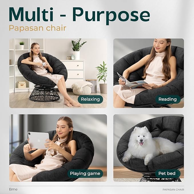Bme 40 Ergonomic Wicker Papasan Chair with Soft Thick Cushion &amp Frame 360° Swivel Circle Reading Comfy Chair for Living Room Bedroom