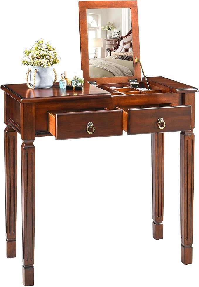 Makeup Vanity Desk Set with Flip Top Mirror 31.5 Wooden Vanity Table with Mirror Compact Dressing Table with 2 Drawers &amp 7 Compartments Writing Desk with Padded Stool for Bedroom Cherry+Brown