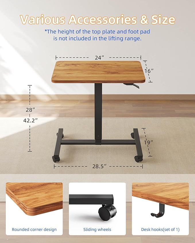 YIHAYO Mobile Small Standing Desk 24 x 16 Inches Adjustable Height Portable Rolling Laptop Desk with Lockable Wheels Computer Workstation for Home Office with Hook Rustic Brown
