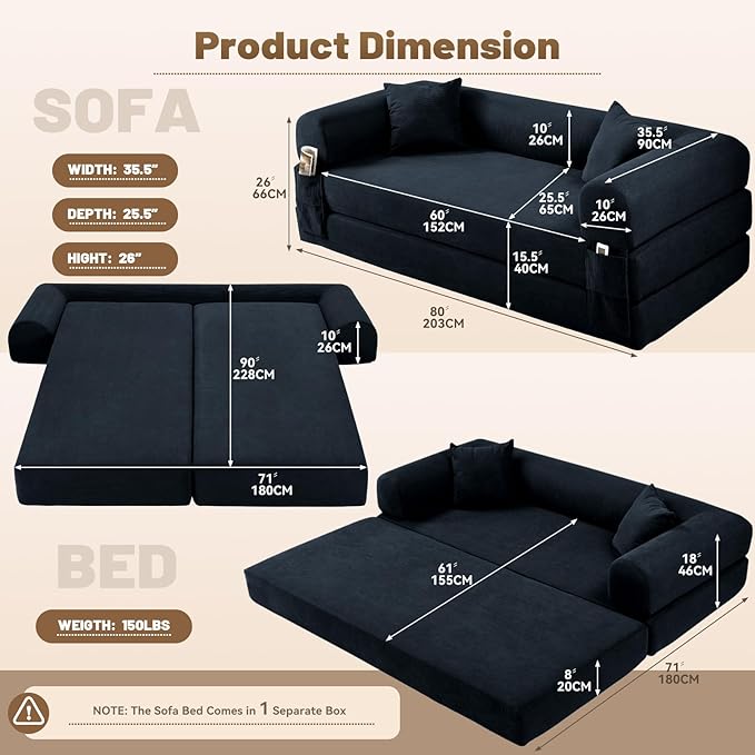Convertible Futon Sofa Bed80 Folding Pull Out Couch Bed with StorageQueen Sleeper Sofa BedCompressed Couch in a BoxCorduroy Boneless Couches for Living RoomDeep Blue