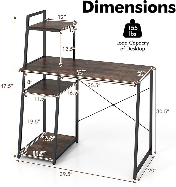 POWERSTONE 40 Computer Desk with 4-Tier Storage Shelves Home Office Corner Desk Writing Study Workstation Table for Small Space Brown