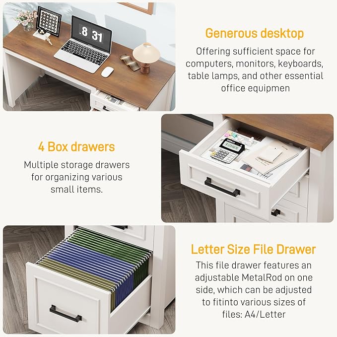 Vabches Farmhouse 49” Executive Desk with File Drawer 4 Drawers Reversible Computer Desk with Storage Rustic Home Writing Workstation for Home Office.White Brown