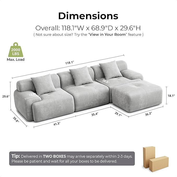 LIKIMIO 118 Modular Sectional Sofa with Ottoman L-Shaped Boneless Couch with Deep Seat for Living Room Corduroy Upholstery No Assembly Required Light Grey