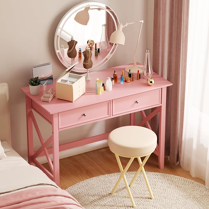 Writing Computer Desk with Drawers Cute Modern Table for Bedrooms Pink Vanity Table Office Desk with Drawers Home Computer Desk for Girls Living Room Entryway Pink