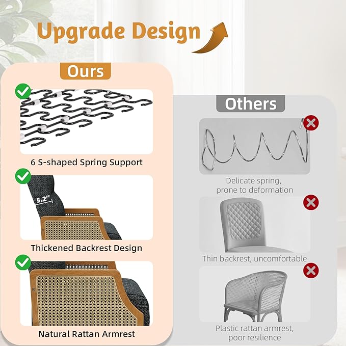 Accent Chair Set of 2 with Rattan Armrest Armchair with Breathable Linen Fabric Upholstered Arm Chair for Living Room Bedroom Dark Gray