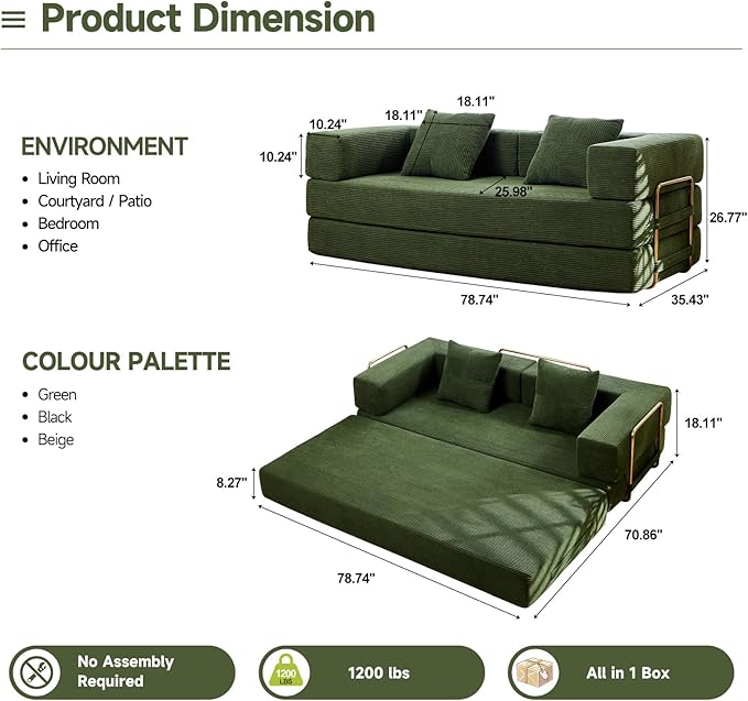 79 Boneless Sofa Bed 5-in-1 No-Assembly Convertible Sleeper Couch with Fixed Frame Armrests Modular Corduroy Futon Compressed in a Box for Space Saving (Green Includes 2 Pillows)