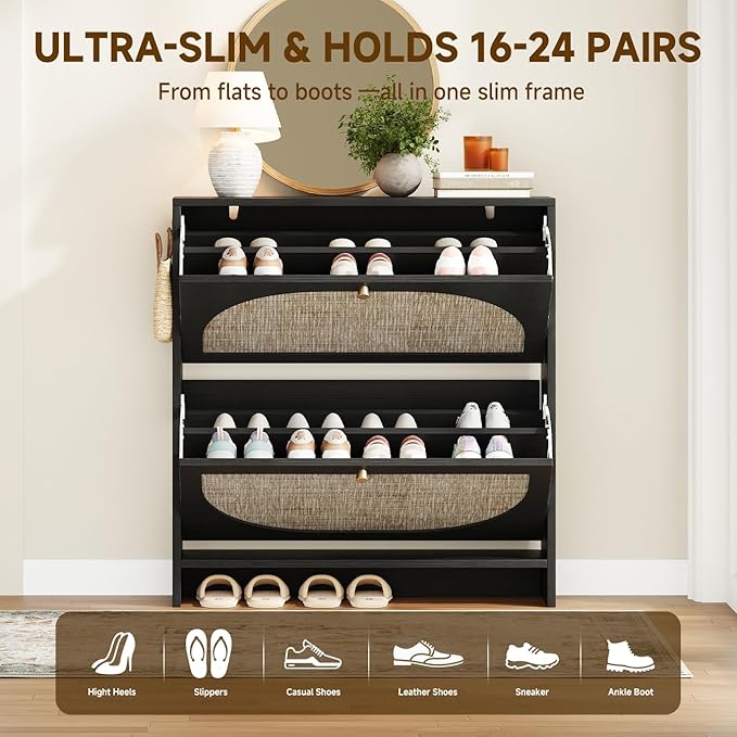 Nicetree Rattan Arched Accent Shoe Cabinet - Freestanding Ultra Slim for Entryway 2 Flip Drawers &amp 3-Tier Adjustable Shelves Farmhouse Modern Rustic Shoe Rack for Hallway Foyer Black