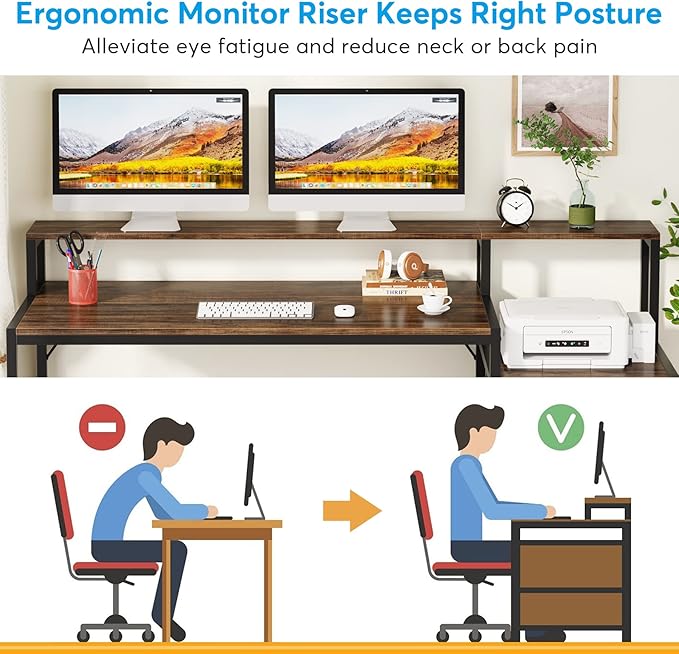 LITTLE TREE 63 Inches Computer Desk with Ergonomic Monitor Stand Home Office Desk with File Drawers
