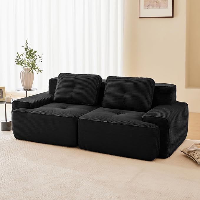 82 Modern Corduroy Boneless Love Seat Couches 2 Seater Large Sectional Couches for Living Room Black Cloud Modular Sectional Sofa Memory Foam Extra Deep Loveseat No Assembly