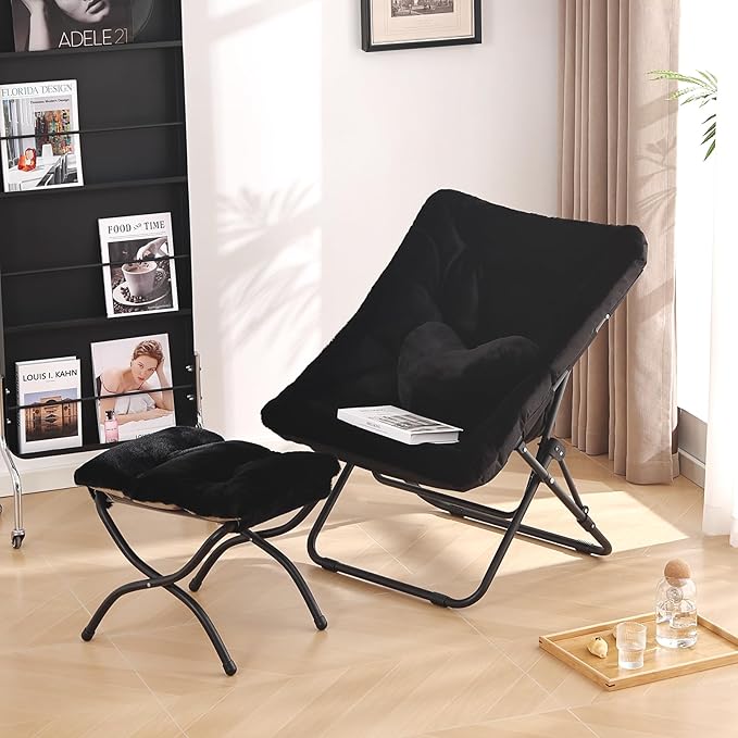 Comfy Saucer Chair with Ottoman Oversized Folding Faux Fur Chair Soft Furry Lazy Chair with Metal Frame Moon Chair Accent Chair for Bedroom Living Room Dorm Rooms Black