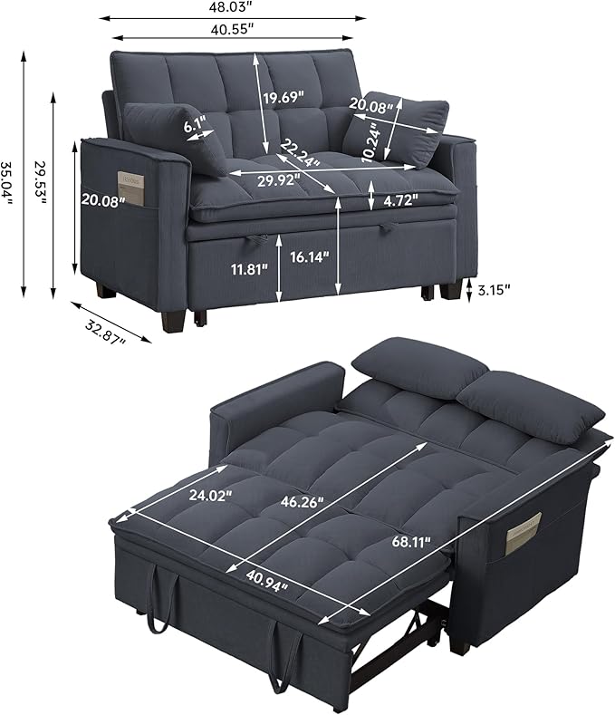 Sleeper Sofa with Pull Out Couch Bed 48.43 Convertible Pull-Out Sofa Bed Chair 3-in-1 Futon Couch with Reclining Backrest and Side Pockets for Living Room Bedroom Apartment Dark Grey