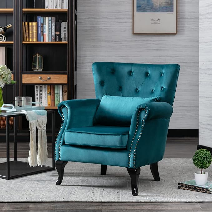 chairus Mid-Century Modern Accent Chair Comfy Tufted Single Sofa Chair Wingback Armchair with Pillow for Club Living Room Bedroom - Velvet Teal
