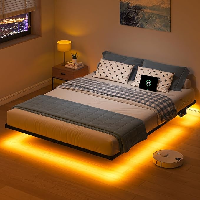 Full Size Floating Bed Frame with LED Lights and Charging Station - 10 inch Platform Bed Frame No Box Spring Needed Easy Assembly