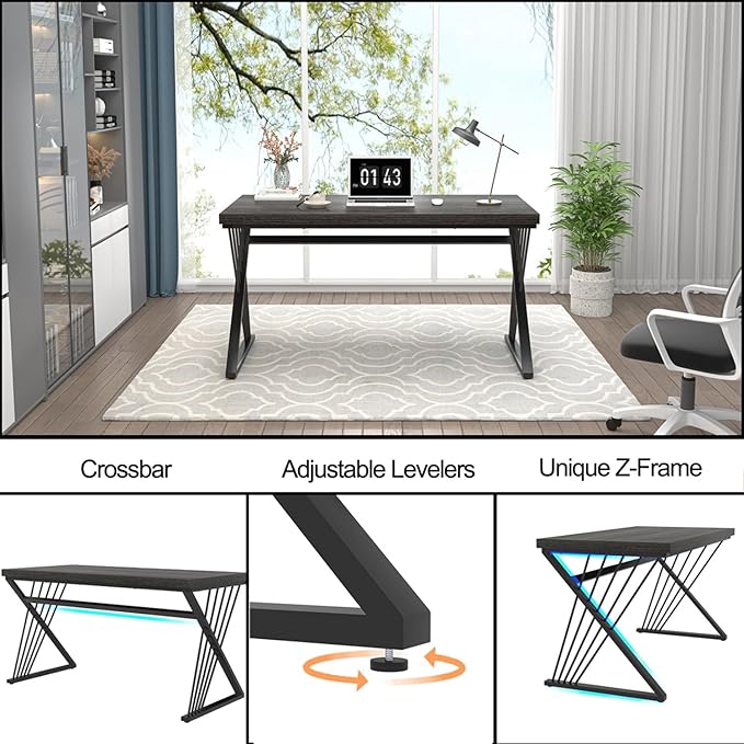 FOLUBAN Modern Home Office Desk Rustic Wood and Metal Computer Desk Writing Study Gaming Table PC Desks for Living Room Bedroom Industrial Dark Gray 53 inch