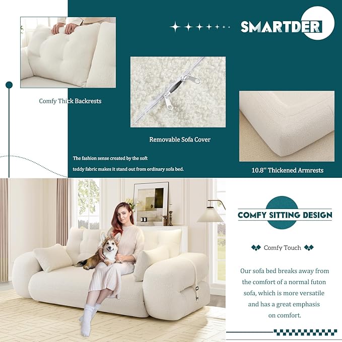 Convertible Sofa Bed with Folding Mattress Oversized Human Dog Bed 3-in-1 Sleeper Couch with Pillows and Thick Armrests 78.7 King Size Floor Sofa for Living Room Bedroom Guest Room White Teddy