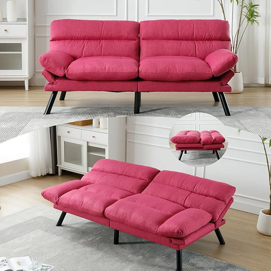 70“Futon Sofa BedConvertible Folding Futon Couch Breathable Small CouchUpholstered Double Loveseat Bed for Compact Living Studio in Room and BedroomOfficesFamilyDorm (Rose Red Linen)
