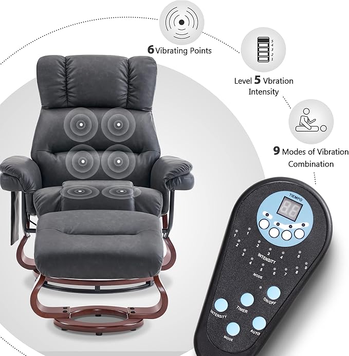 MCombo Swivel Recliners with Ottoman Reclining TV Chairs with Vibration Massage Faux Leather Ergonomic Lounge Chair for Living Room Bedroom 4832 (Dark Grey)