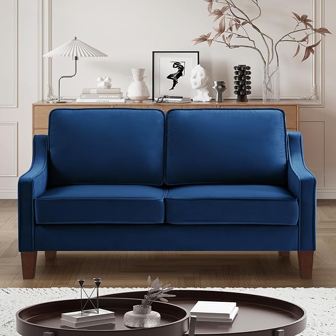 JOSHEN 52 Premium Velvet Multi-Functional Loveseat Oversized Loveseat Sleeper with Sturdy Solid Wooden Frame Comfy Fabric Deep Seat Couch with Elegant Armrest Design for Living Spaces Navy