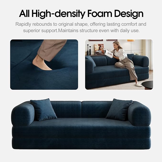 78.8'' Convertible Sofa Bed Boneless Couch in a Box Modular Corduroy Comfy Foldable Sleeper Compression Sofa Loveseat Couches for Living Room (Blue 78.8 inch)