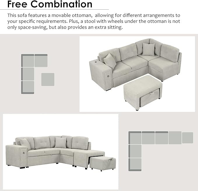 86.6 L-Shaped Sectional Sofa Couch Chenille Upholstered Pull-Out Sofa Bed Sleeper with a Movable Ottoman and 2 Cup Holders for Living Room Apartment Offices (Grey-86.6)