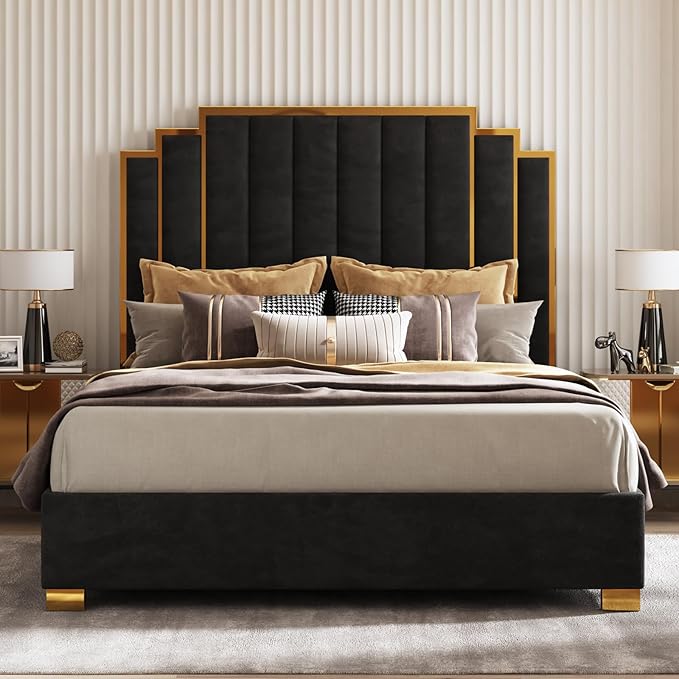 AMERLIFE King Size Upholstered Bed Modern Velvet Bed Frame with 65.4” Tall Gold Trim Headboard No Box Spring Needed Black
