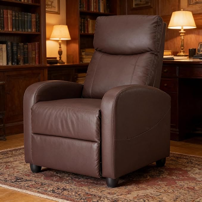 Simple Deluxe Massage Recliner Chair - Adjustable PU Leather Recliner Luxe Reading Chair &amp Sofa Chair for Living Room Chairs or Bedroom Chair Small Recliner for Home Theater Brown