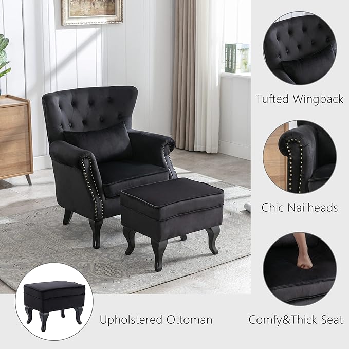 Mid Century Modern Accent Chair Upholstered Armchair Comfy Velvet Tufted Wingback Single Sofa with Ottoman for Bedroom Living Room Black