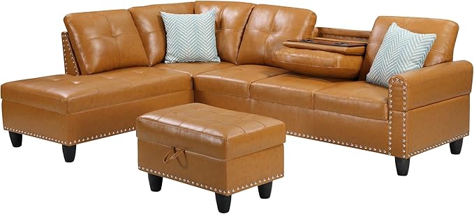Ball &amp Cast 98 L Shaped Sectional Couch for Living Room with Chaise&ampStorage Ottoman4 Seat Faux Leather Upholstered Modular Sectional Sofa Set 3 PCS W/Cup Holders&ampCoffee Tablefor HomeOf