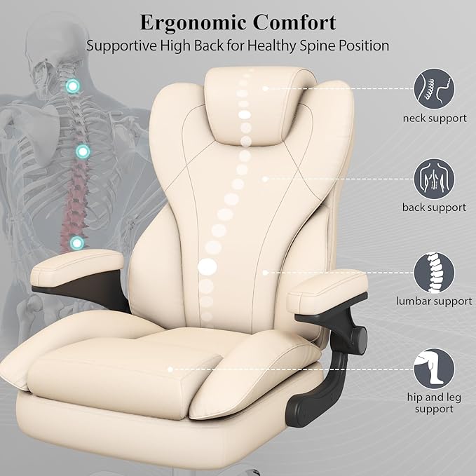 Office Desk Chair Executive Leather Office Chair High Back Ergonomic Home Desk Chair with Padded Flip-up Arms Big and Tall Computer Chair with Rocking Function 360°Swivel Free Beige