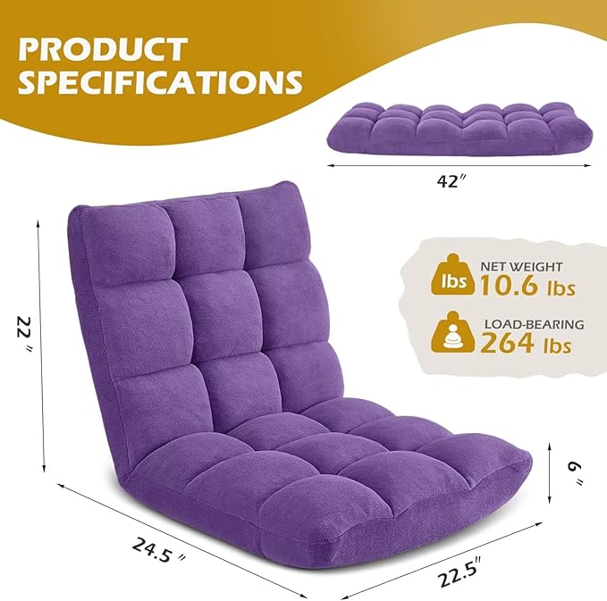 Folding Floor Gaming Chair Adjustable 14-Position Backrest 6-Inch Thick Flannel and Skin-Friendly Cotton Sponge Breathable Ideal for Gaming Meditating Sleeping Purple