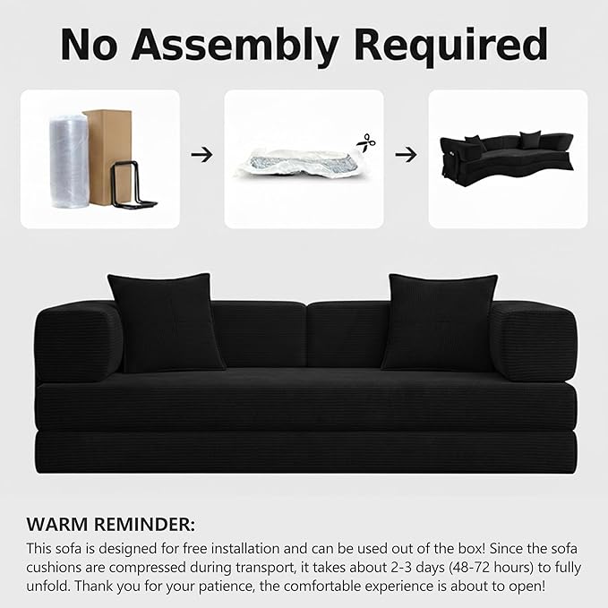 78.8 Boneless Sleeper Sofa BedConvertible Futon Couch with Storage Pocket and 2 PillowsModular Corduroy Sofa for livingroomSmall speaceBlack