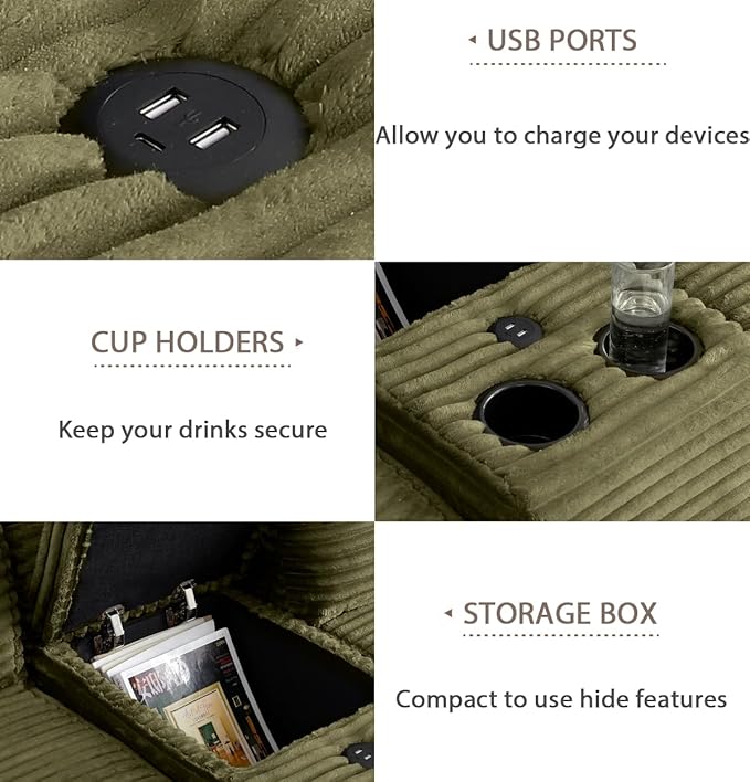 150 Oversized Modular Sectional Sofa Deep Seat Cloud L-Shape Corduroy Couch with Cup Holders USB Ports Wireless Charging &amp Storage Box Upholstered Modular Sleeper Sofa for Living Room (Green)