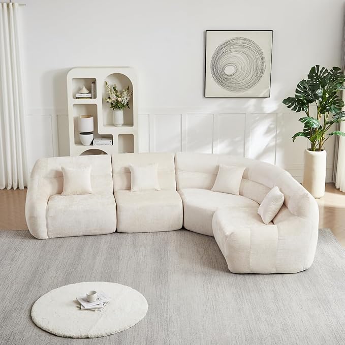 123 L-Shaped Corner Sectional Sofa with Curved Edge Modern Chenille Modular Cloud Couch High Back Oversized 4-Seater with 4 Pillows No Assembly Required Beige