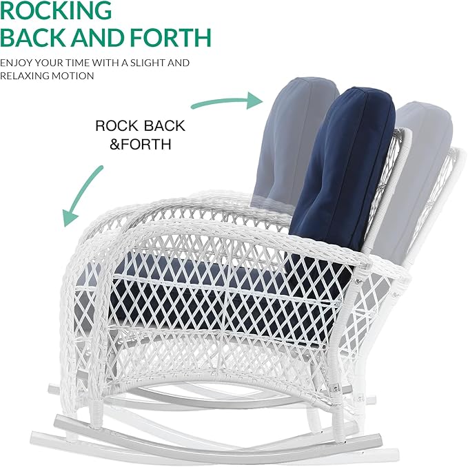 VIVIJASON 3-Piece Outdoor Conversation Bistro Set Patio Wicker Rocking Chairs Rattan Furniture Sets w/ 2 Rattan Chairs Cushions Glass Top Side Table for Garden Porch Backyard (White/Navy Blue)